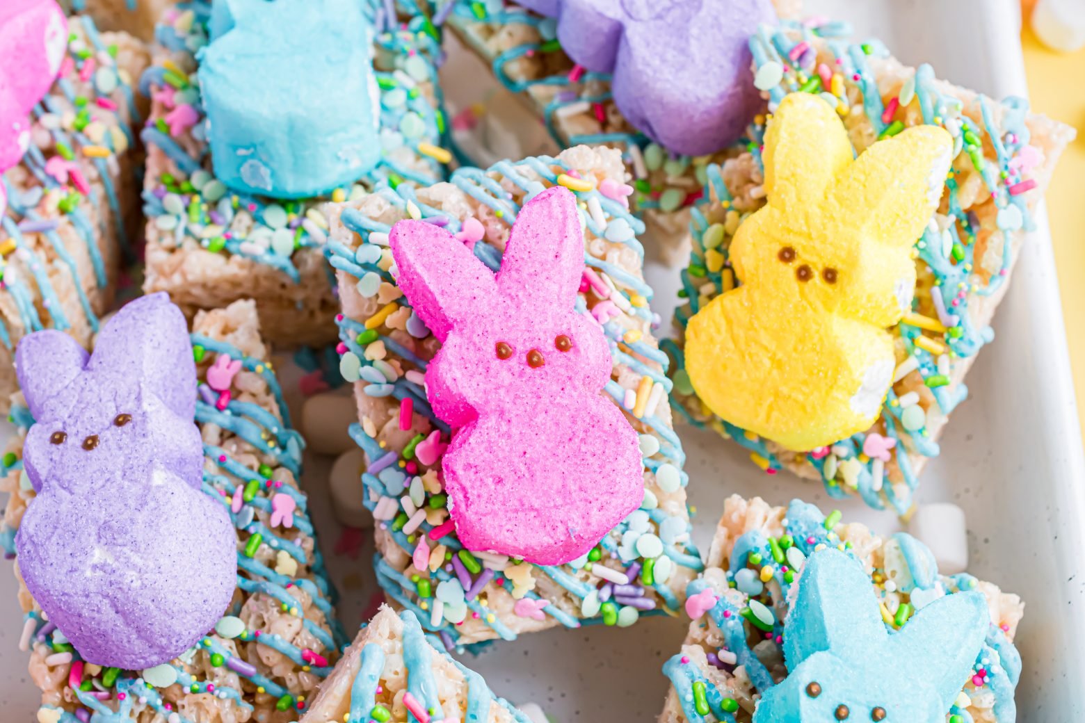 peep rice krispie treats on a white tray