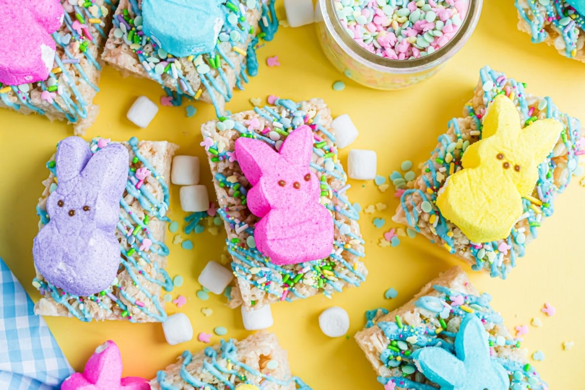 peep rice krispie treats with marshmallows and sprinkles