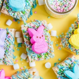 peep rice krispie treats with marshmallows and sprinkles