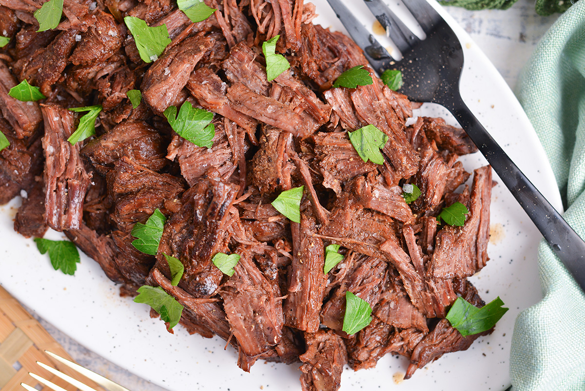 close up overhead shot of shredded pot roast