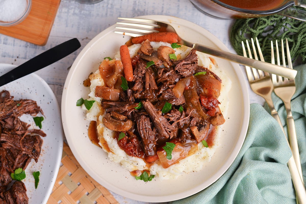 close up overhead shot of plate of balsamic slow cooker pot roast