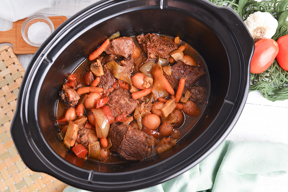 overhead shot of balsamic pot roast in slow cooker