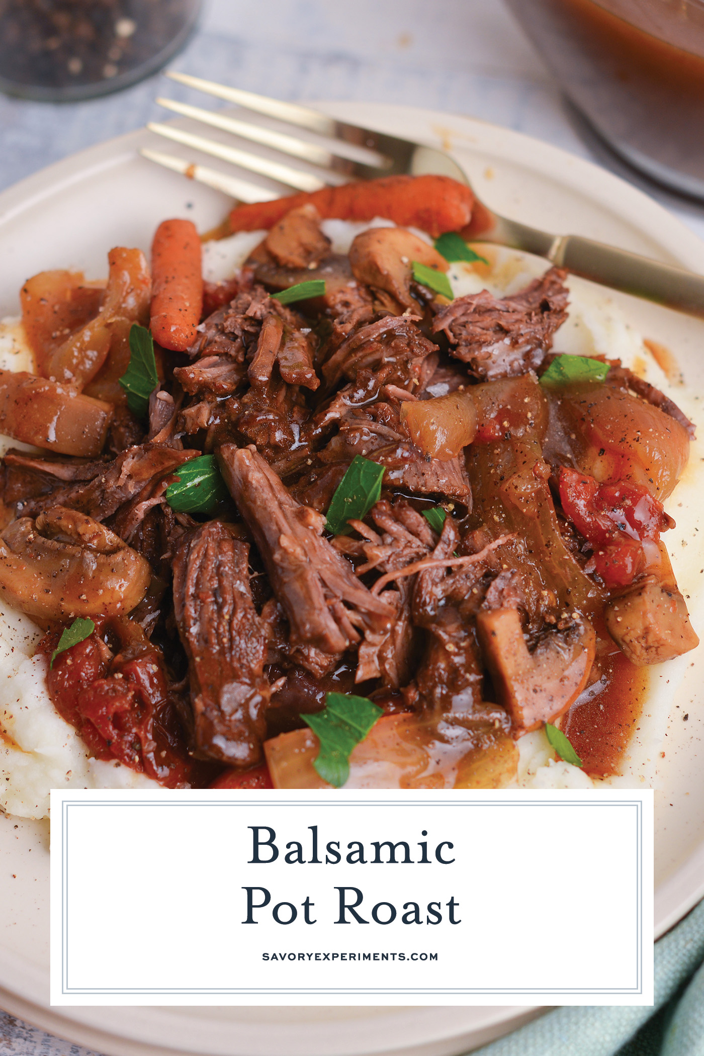 angled shot of balsamic slow cooker pot roast on a plate with text overlay