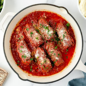 overhead shot of beef braciole in pan