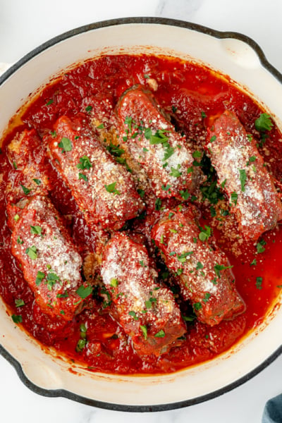 overhead shot of beef braciole in pan