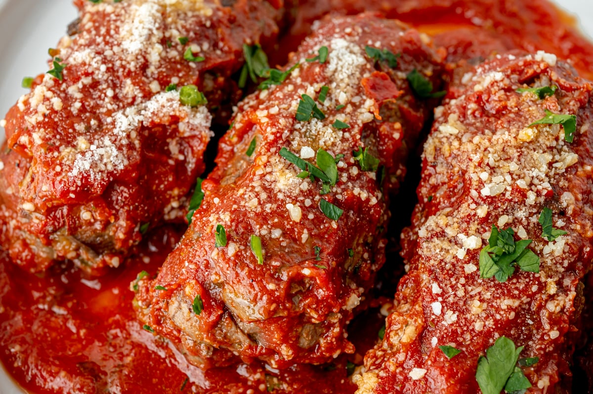 close up angled shot of beef braciole