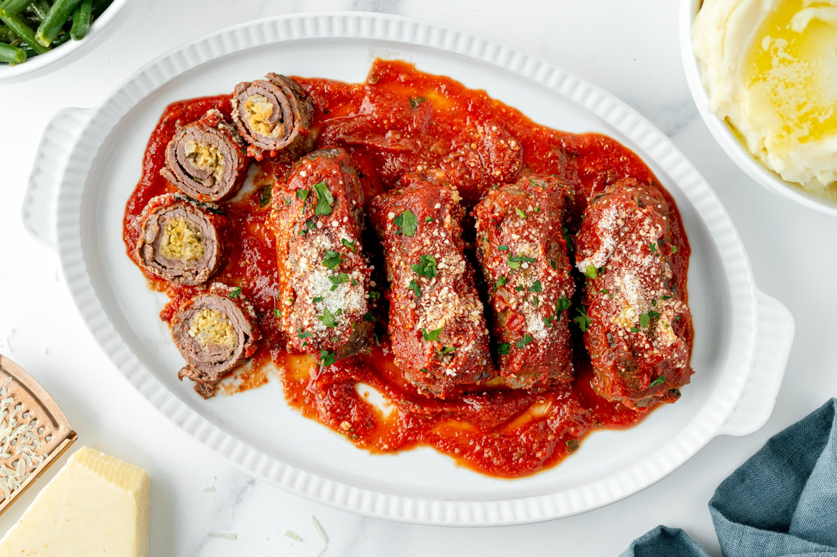 overhead shot of platter of beef braciole