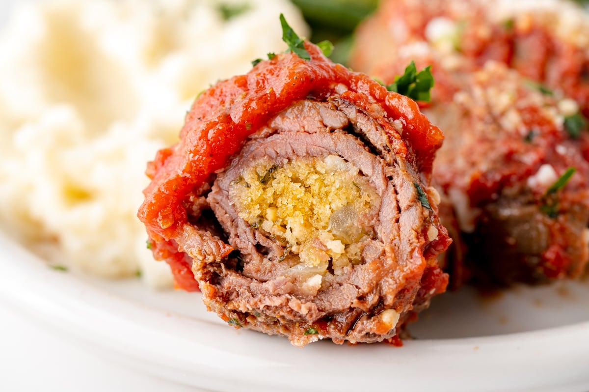 close up straight on shot of sliced beef braciole