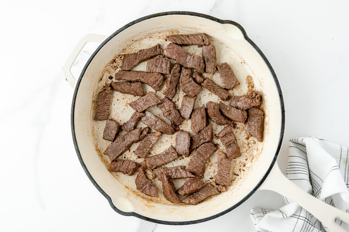 beef cooking in pan