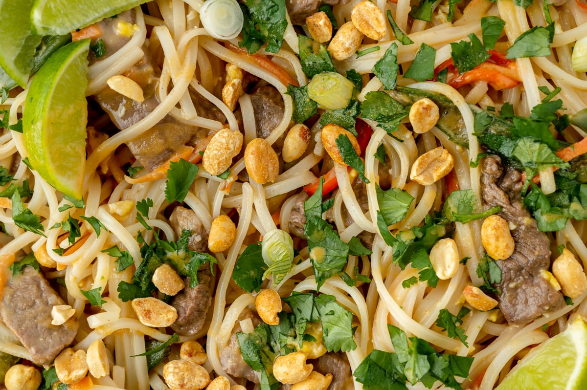 close up overhead shot of beef pad thai