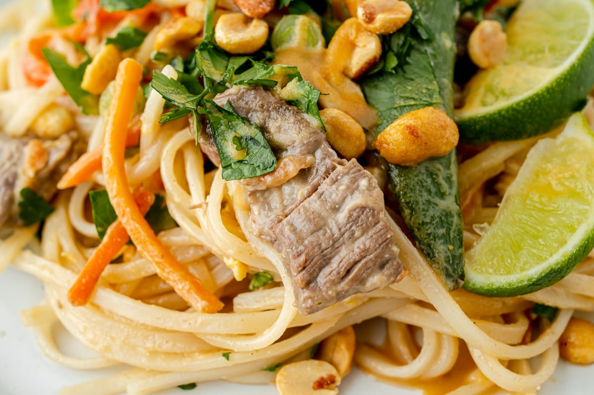 close up shot of beef pad thai on plate