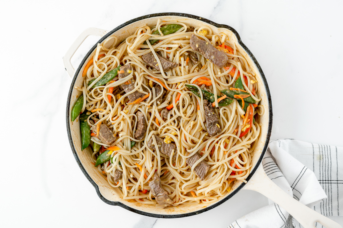 noodles added to pan of beef and veggies