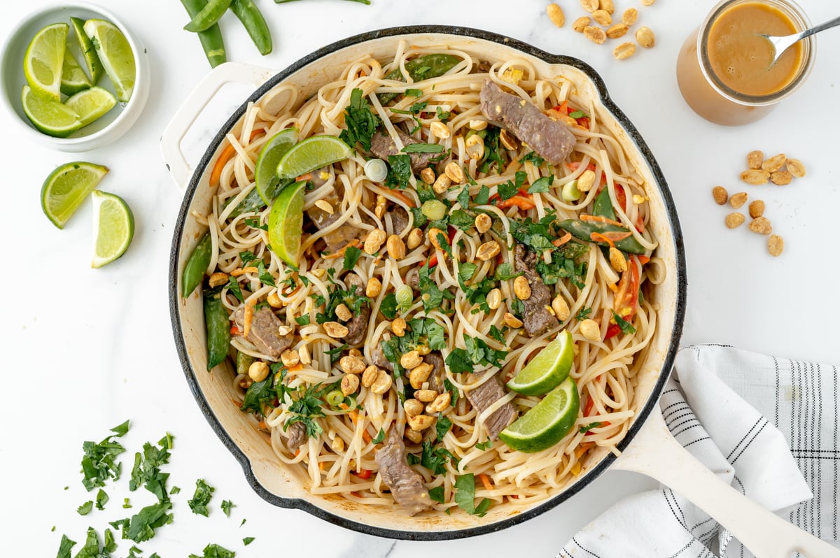 overhead shot of pan of beef pad thai