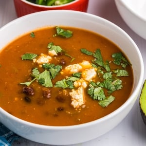 angled shot of bowl of black bean soup topped with cheese and cilantro