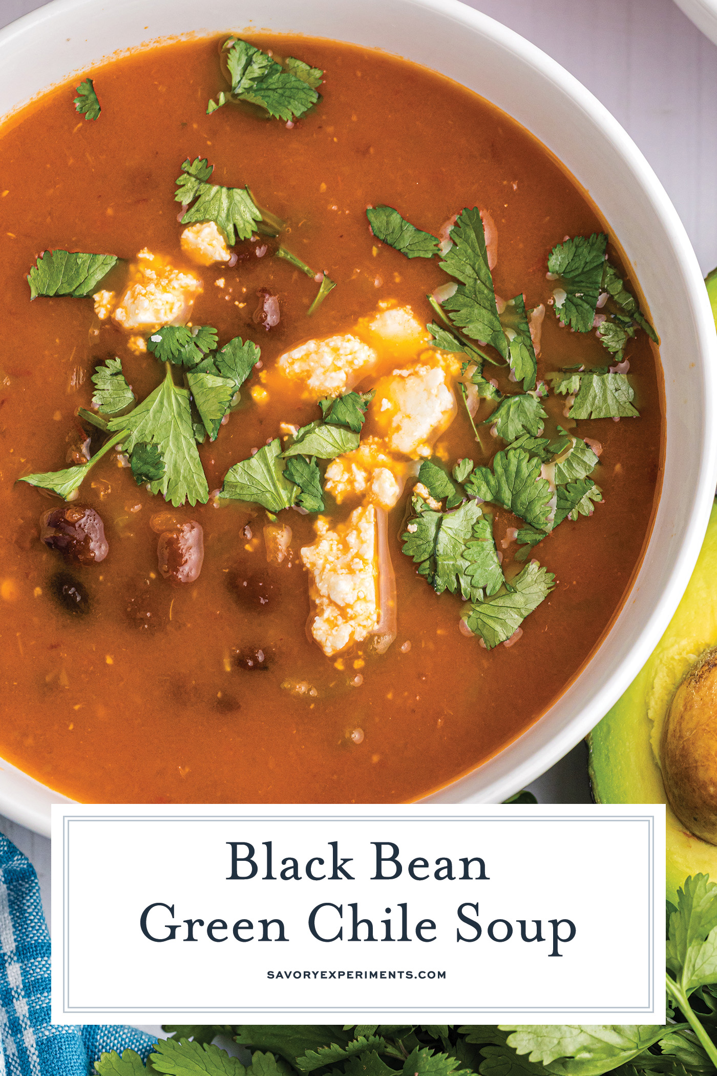 close up overhead shot of black bean soup with text overlay