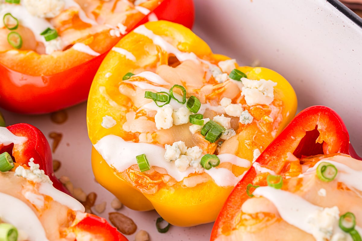 close up angled shot of buffalo chicken stuffed peppers