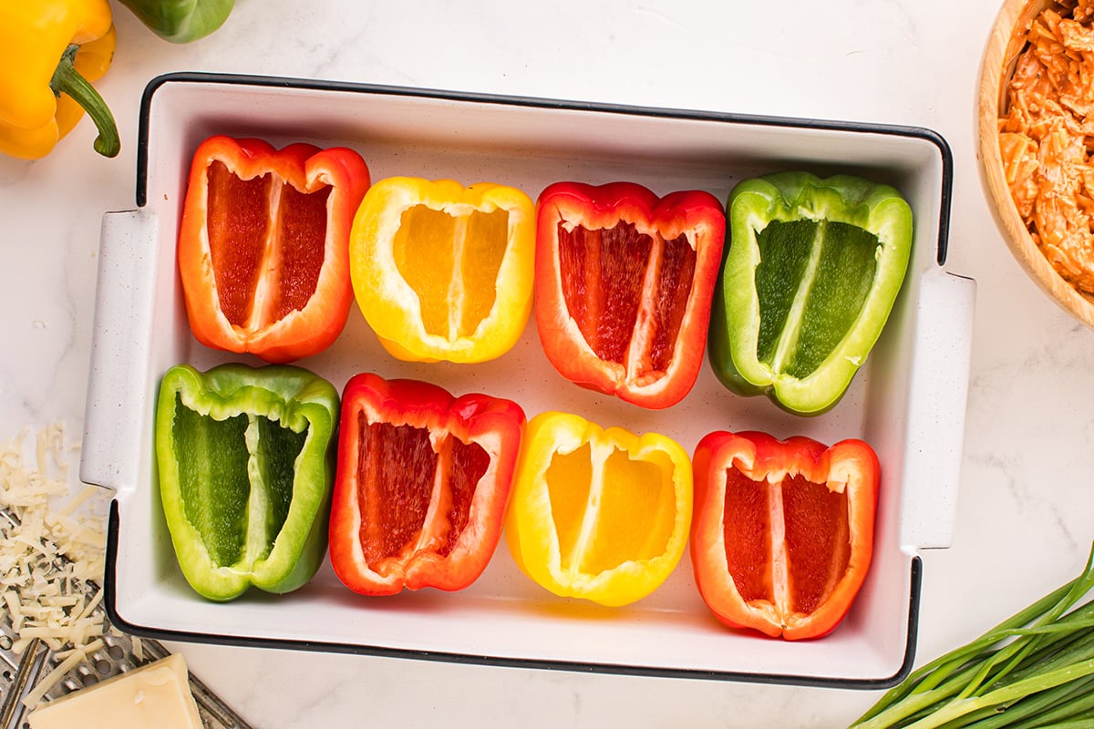 overhead shot of bell peppers in baking dish