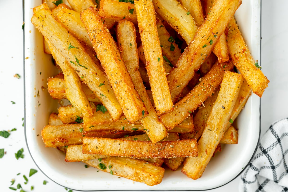 overhead shot of cajun fries on plate