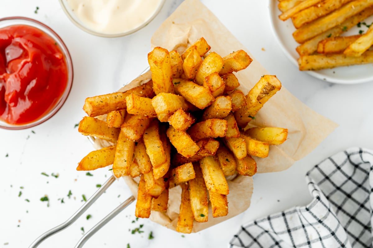 overhead shot of basket of cajun fries