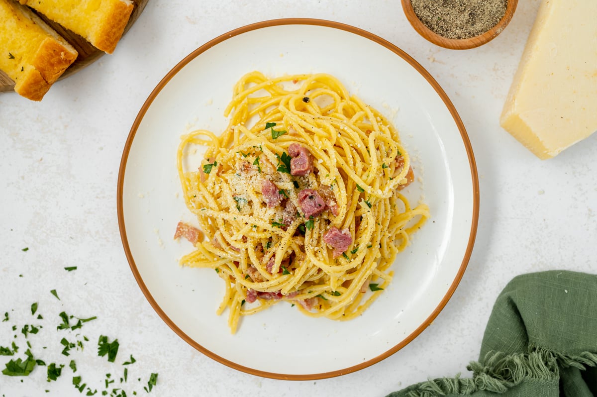 overhead shot of plate of authentic carbonara