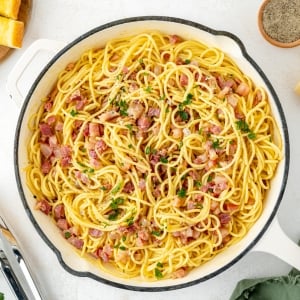 overhead shot of pan of authentic carbonara