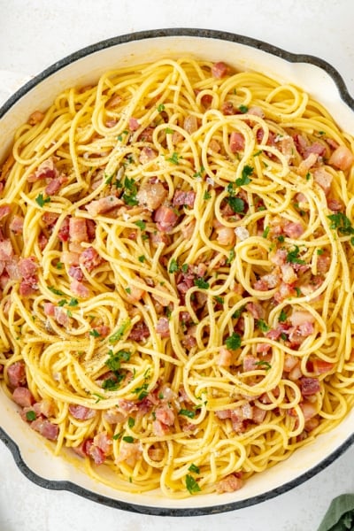 overhead shot of pan of authentic carbonara