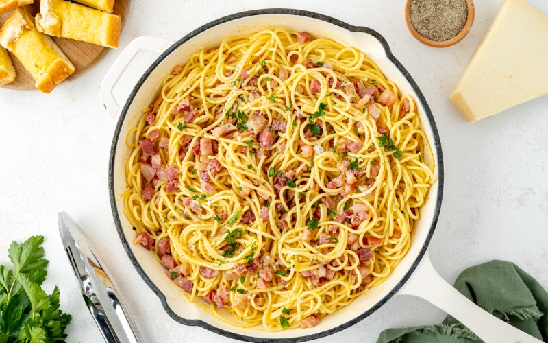 overhead shot of pan of authentic carbonara