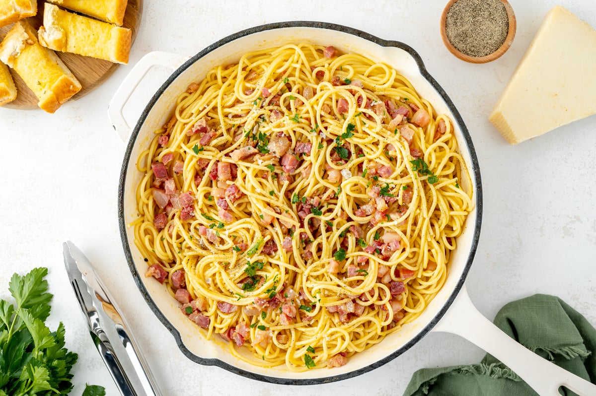 overhead shot of pan of authentic carbonara