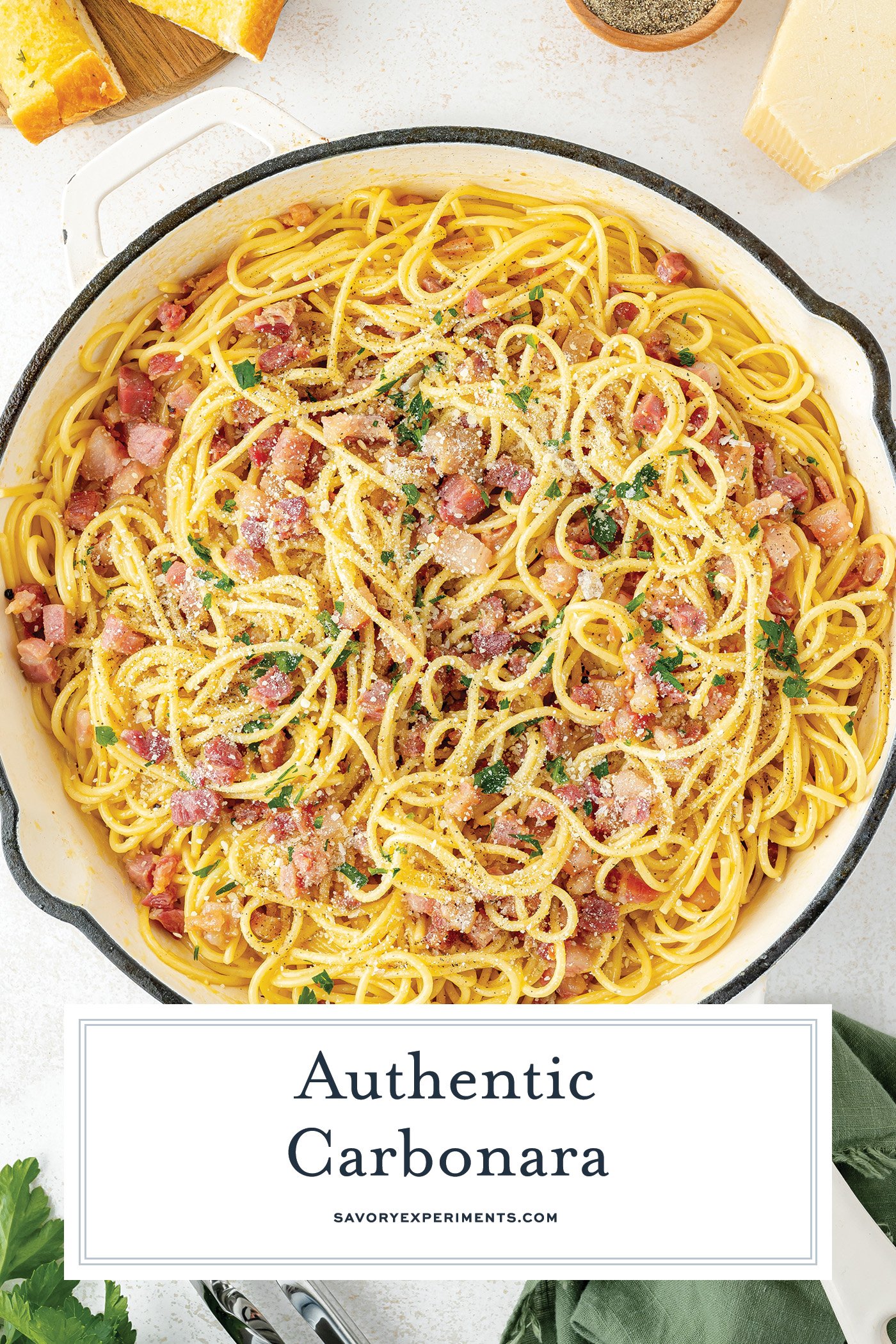 overhead shot of pan of carbonara with text overlay