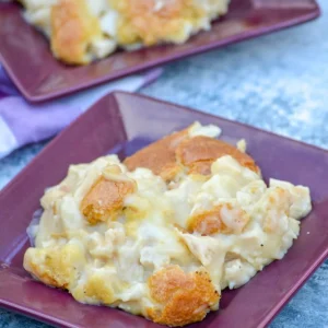 angled shot of chicken dumpling casserole on maroon plate