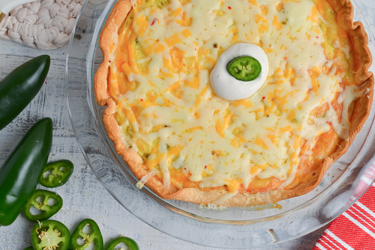 close up overhead shot of chile relleno quiche