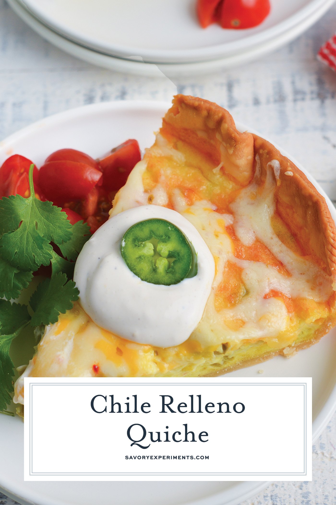 angled shot of slice of chile relleno quiche with text overlay