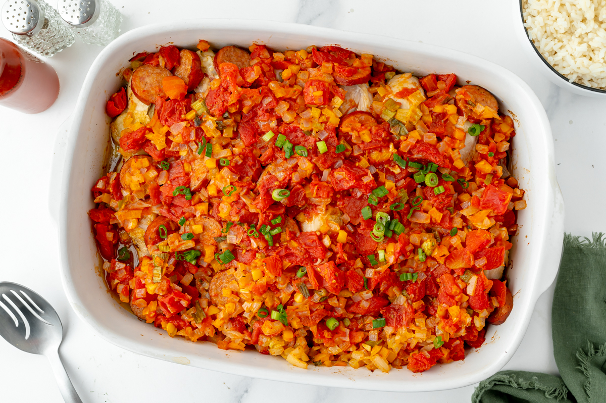 overhead shot of creole chicken in baking dish