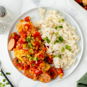 overhead shot of plate of rice and creole chicken