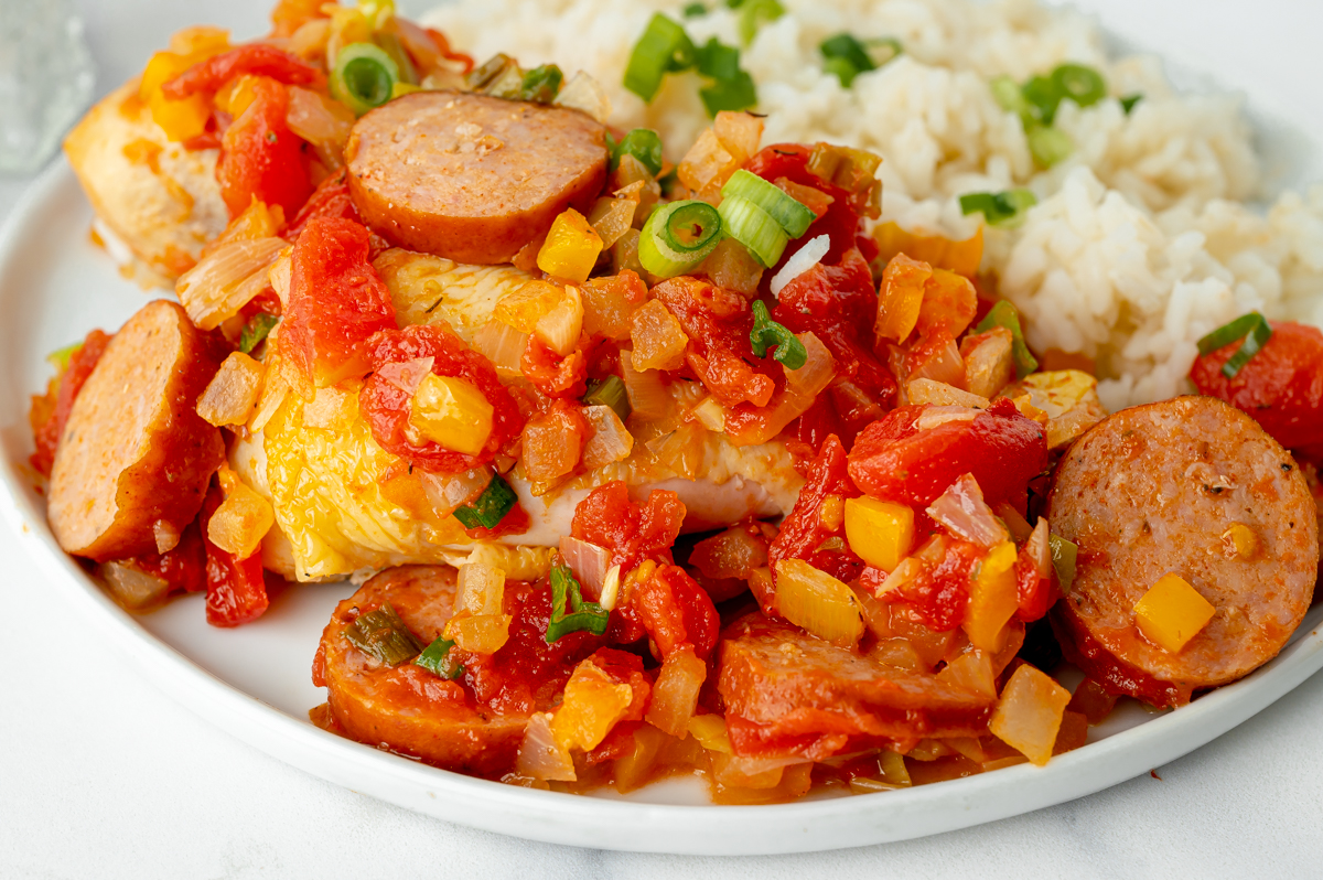 angled shot of plate of creole chicken with rice