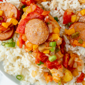 overhead close up shot of creole chicken over rice