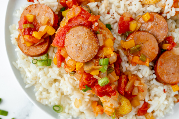 overhead close up shot of creole chicken over rice
