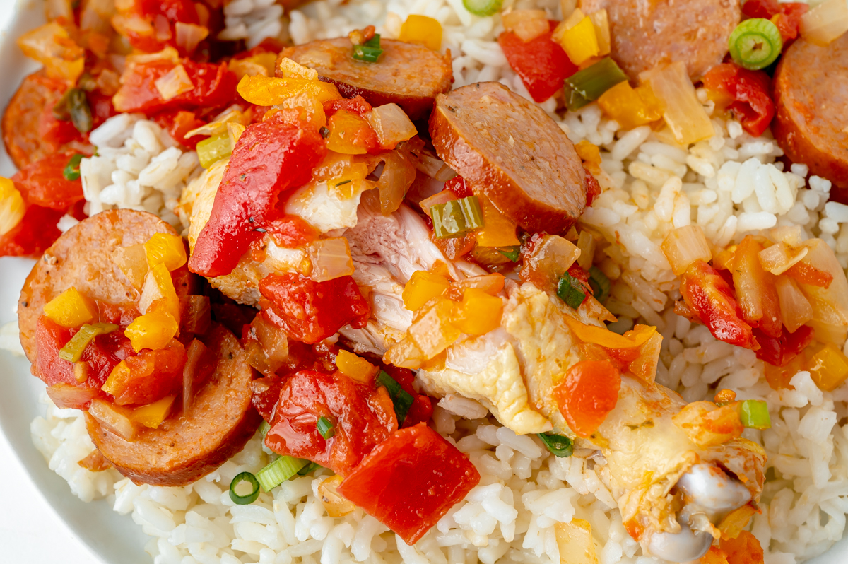 close up overhead shot of creole chicken over rice