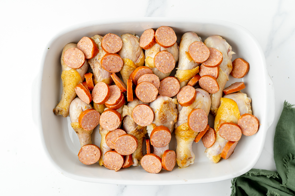 chicken and sausage in baking dish