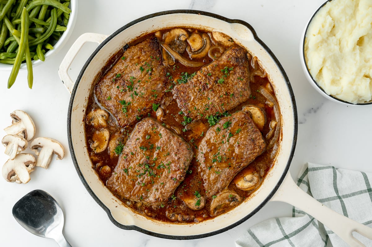 overhead shot of pan of cube steak