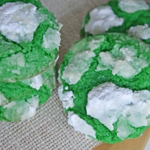 close up overhead shot of green mint crinkle cookies