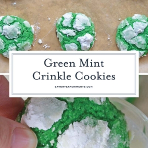 collage of green mint crinkle cookies