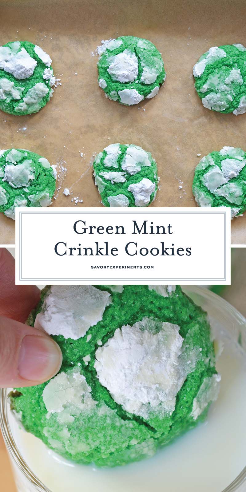 collage of green mint crinkle cookies