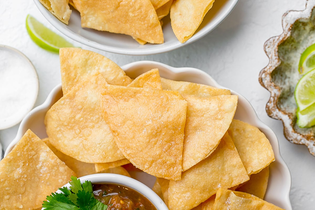 close up overhead shot of bowl of tortilla chips
