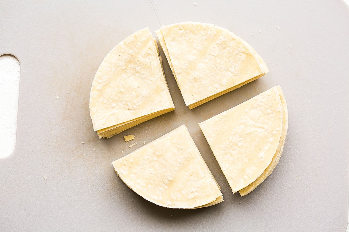 overhead shot of sliced tortillas