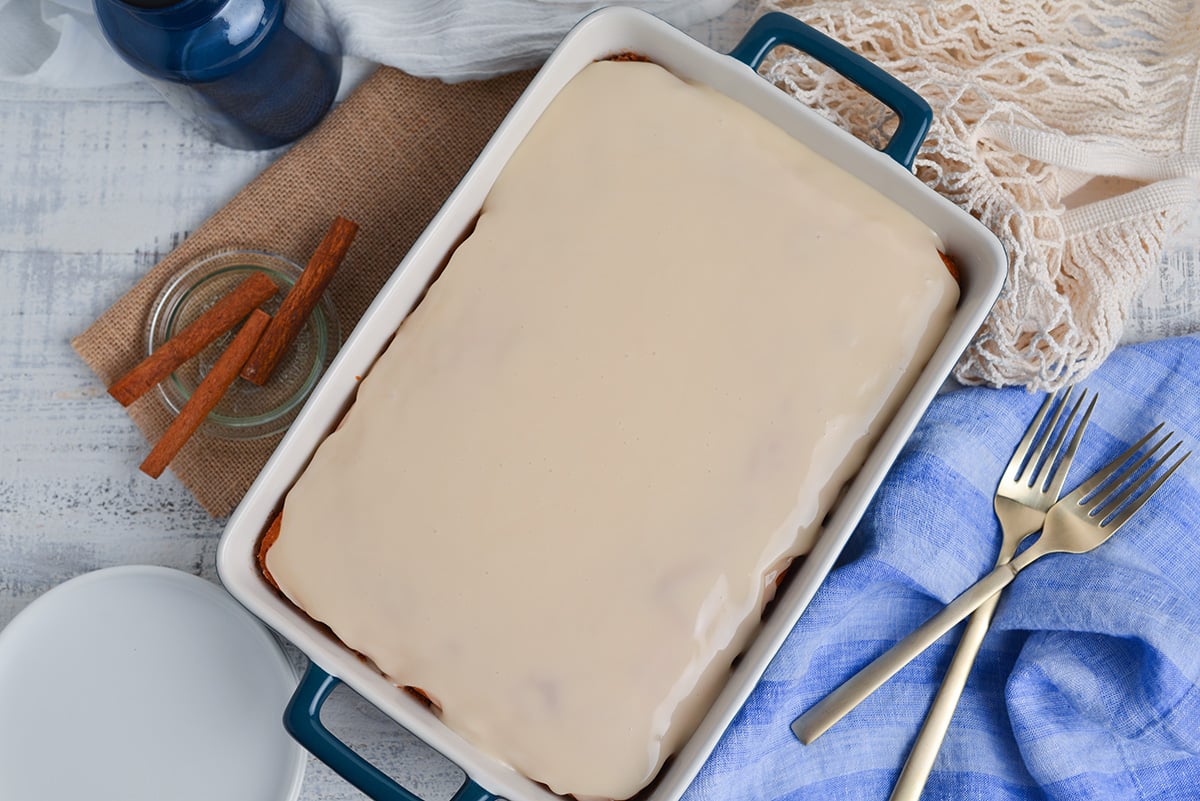 overhead shot of honey bun cake in pan