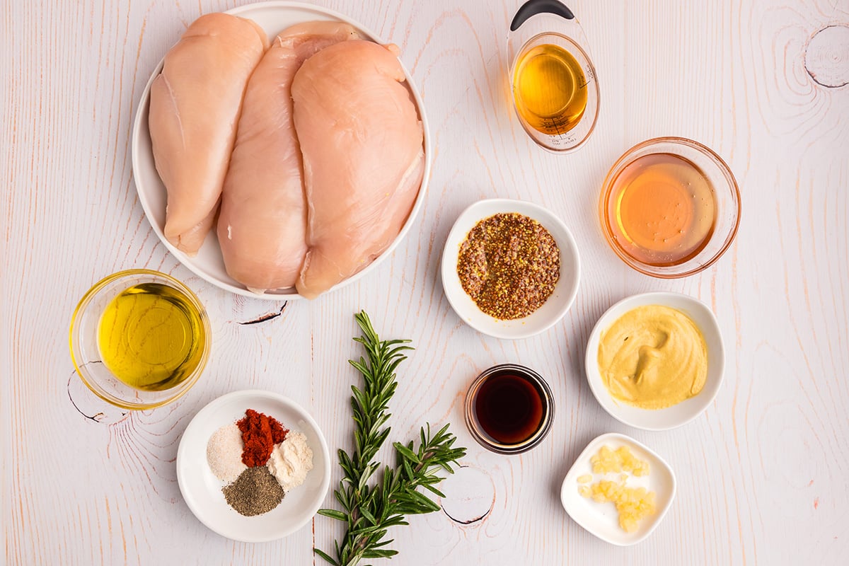 overhead shot of honey mustard chicken ingredients