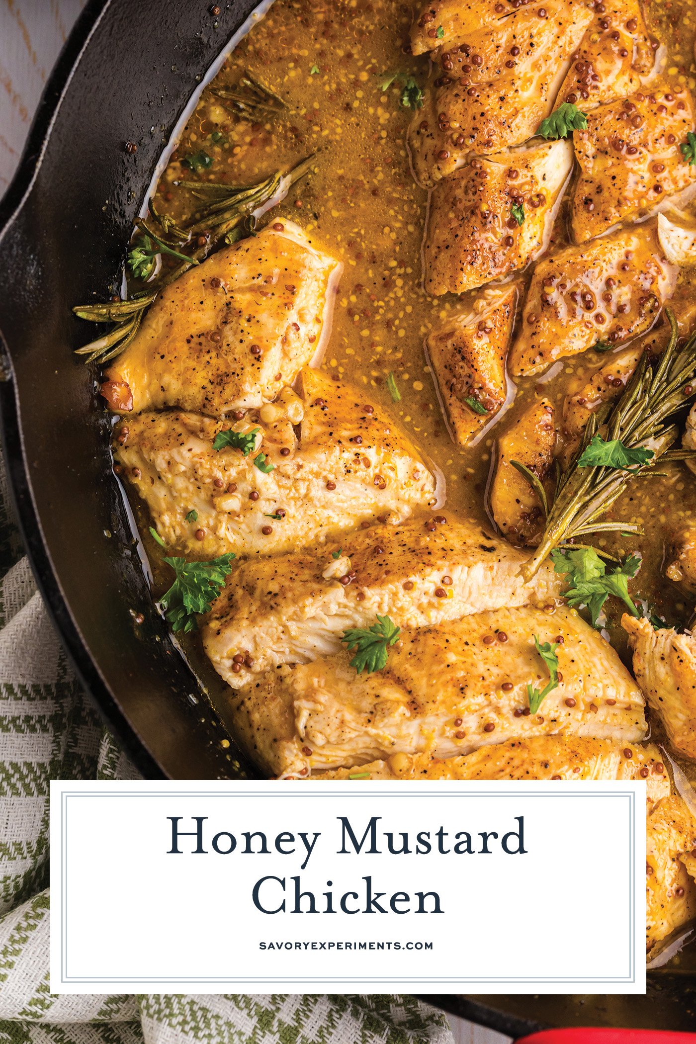 overhead shot of sliced honey mustard chicken with text overlay