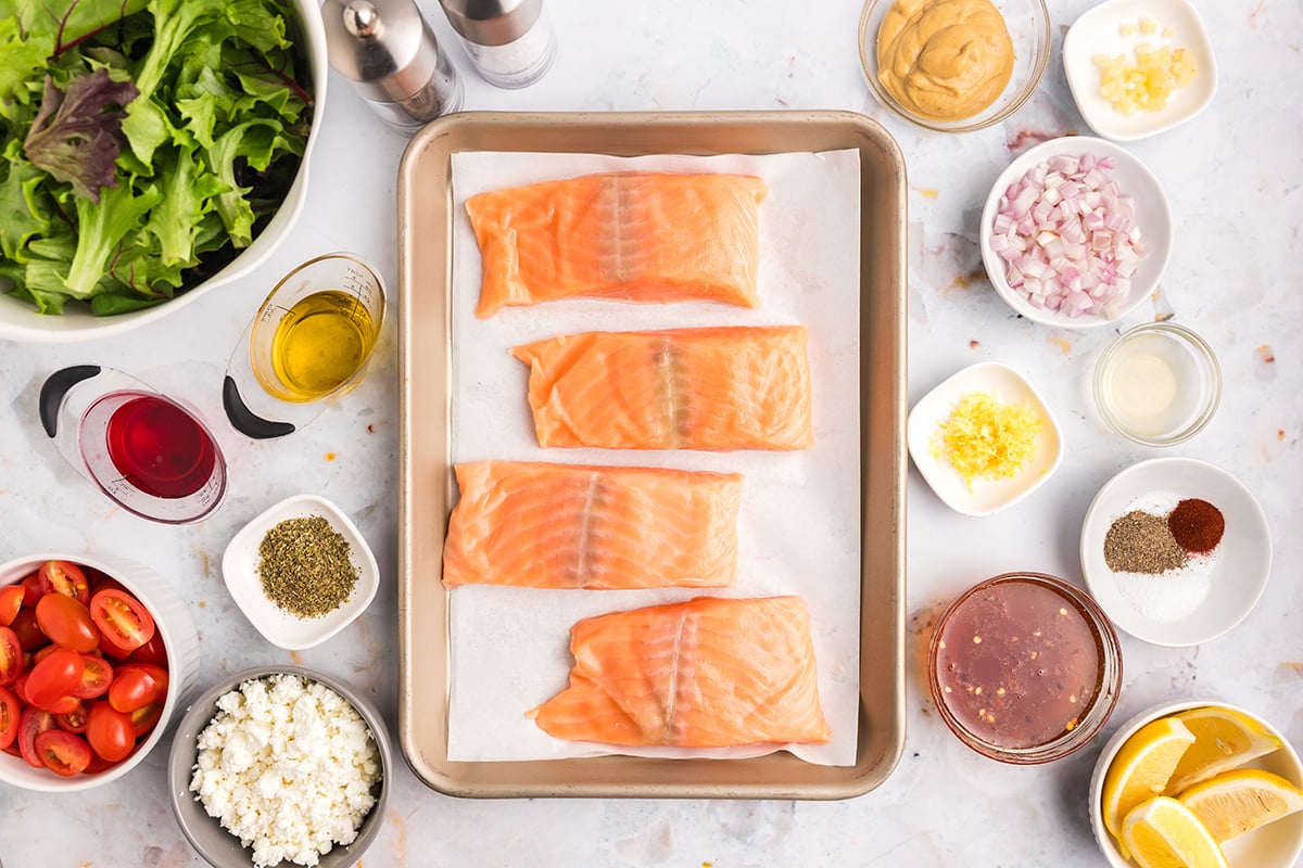 overhead shot of hot honey salmon ingredients