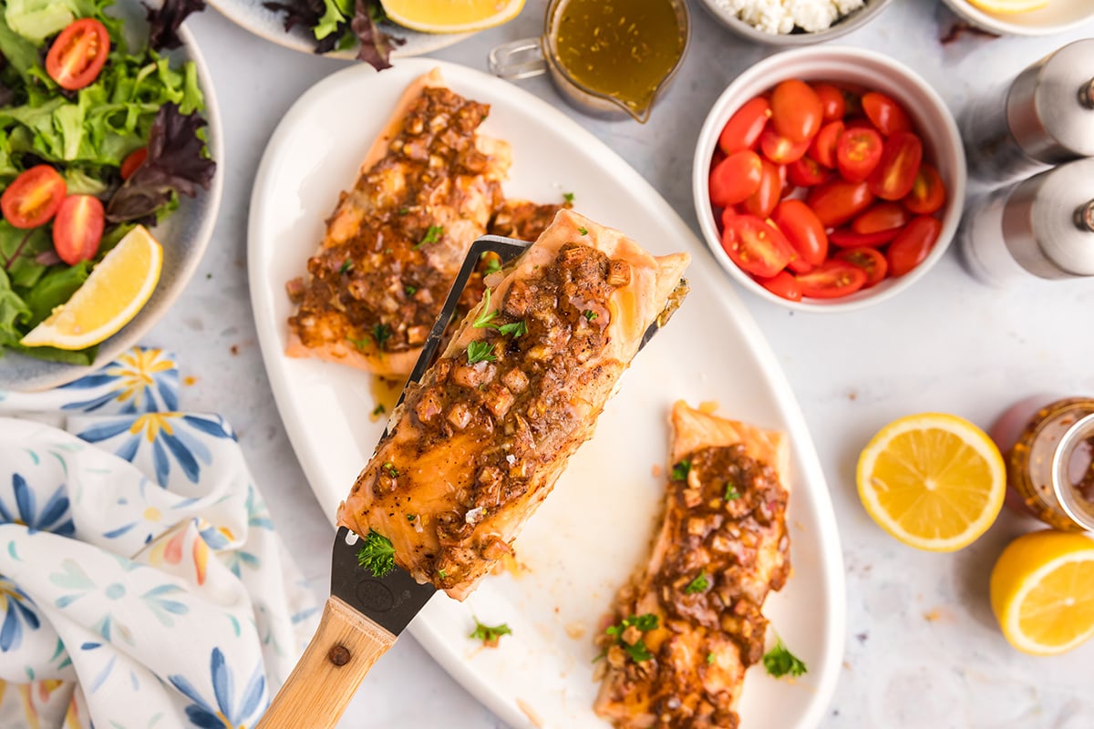 overhead shot of spatula with hot honey salmon